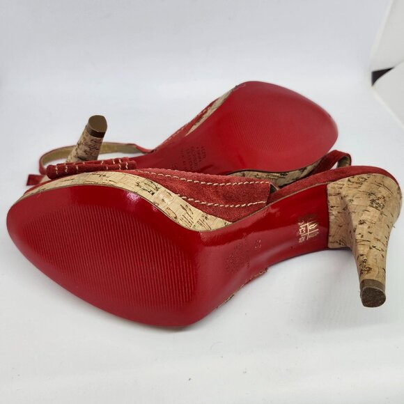 Laura Ferri Women's Red Coral Leather Slingback Sandal W/Corked Heel Size 38 - Picture 4 of 9